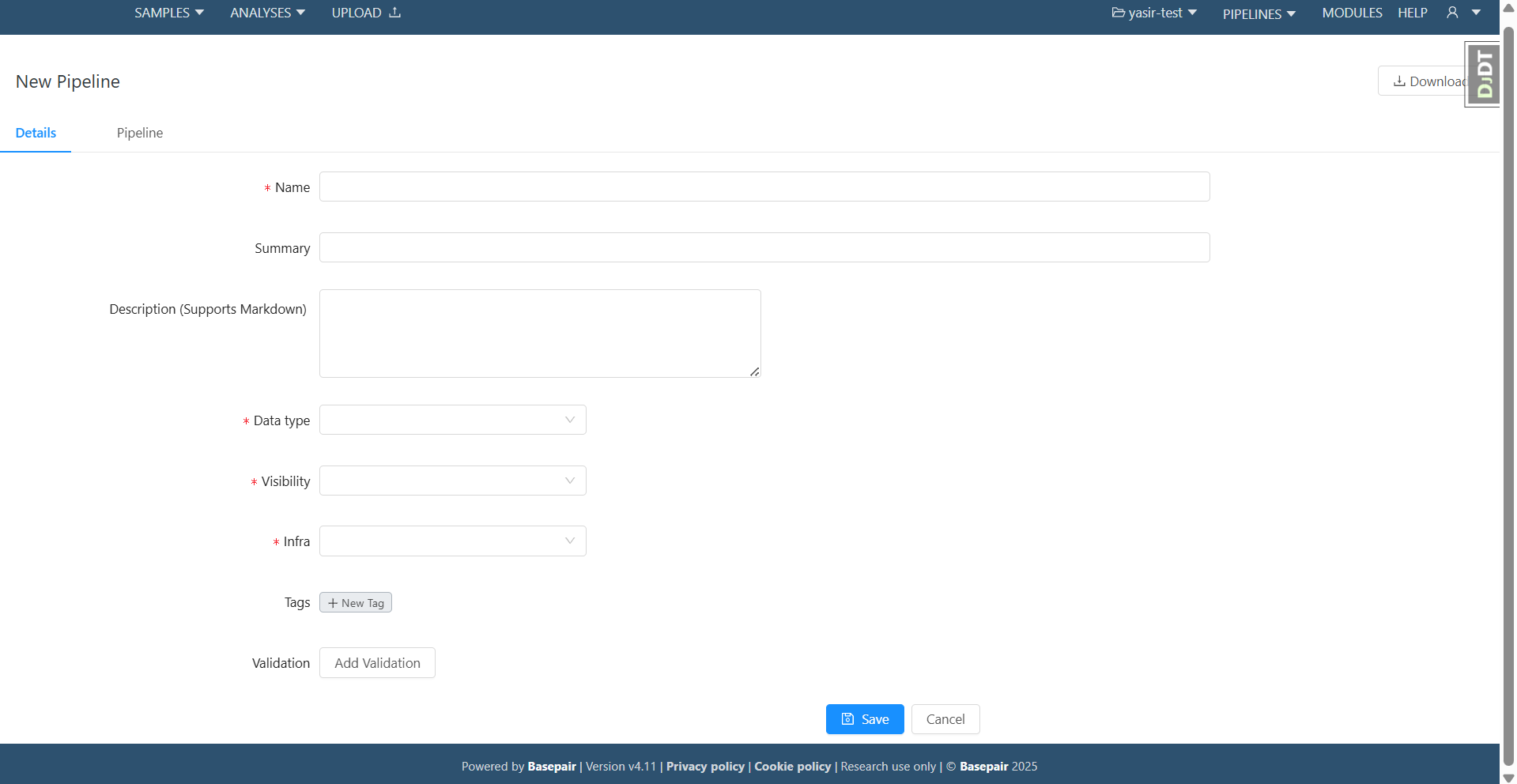Custom Pipelines — list and +New