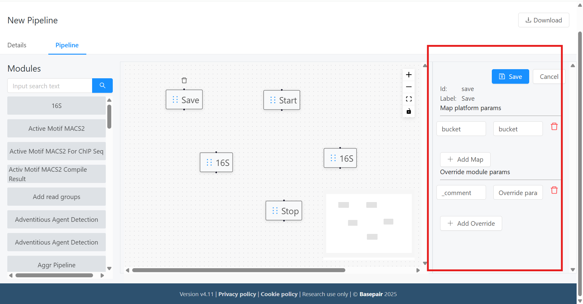 Graph form panel — Map/Override module params