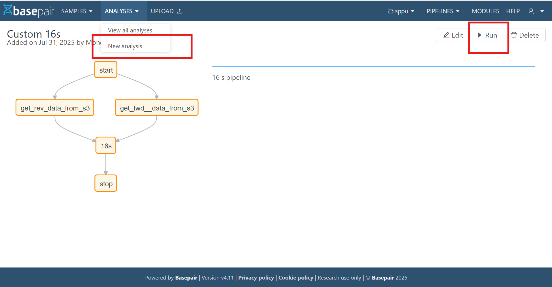 Detail page — Edit/Run controls